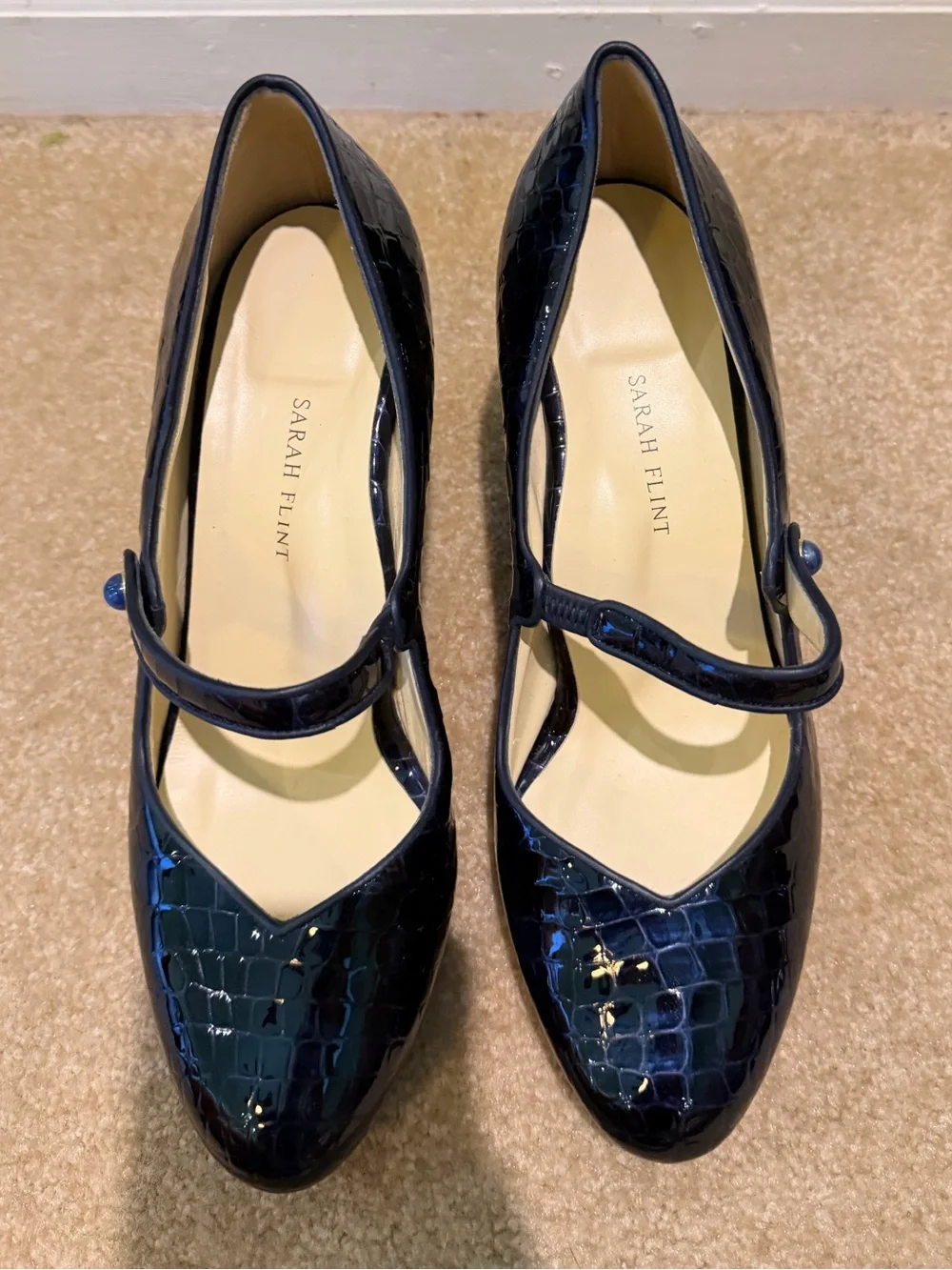 Sarah Flint Perfect Mary Jane Platform 85 Navy Patent Croc Embossed EU 42.5